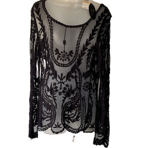 NWT Cupio Womens Black Sheer Lace Top Witchy Goth Sexy Embroidery Fitted SZ S/M
